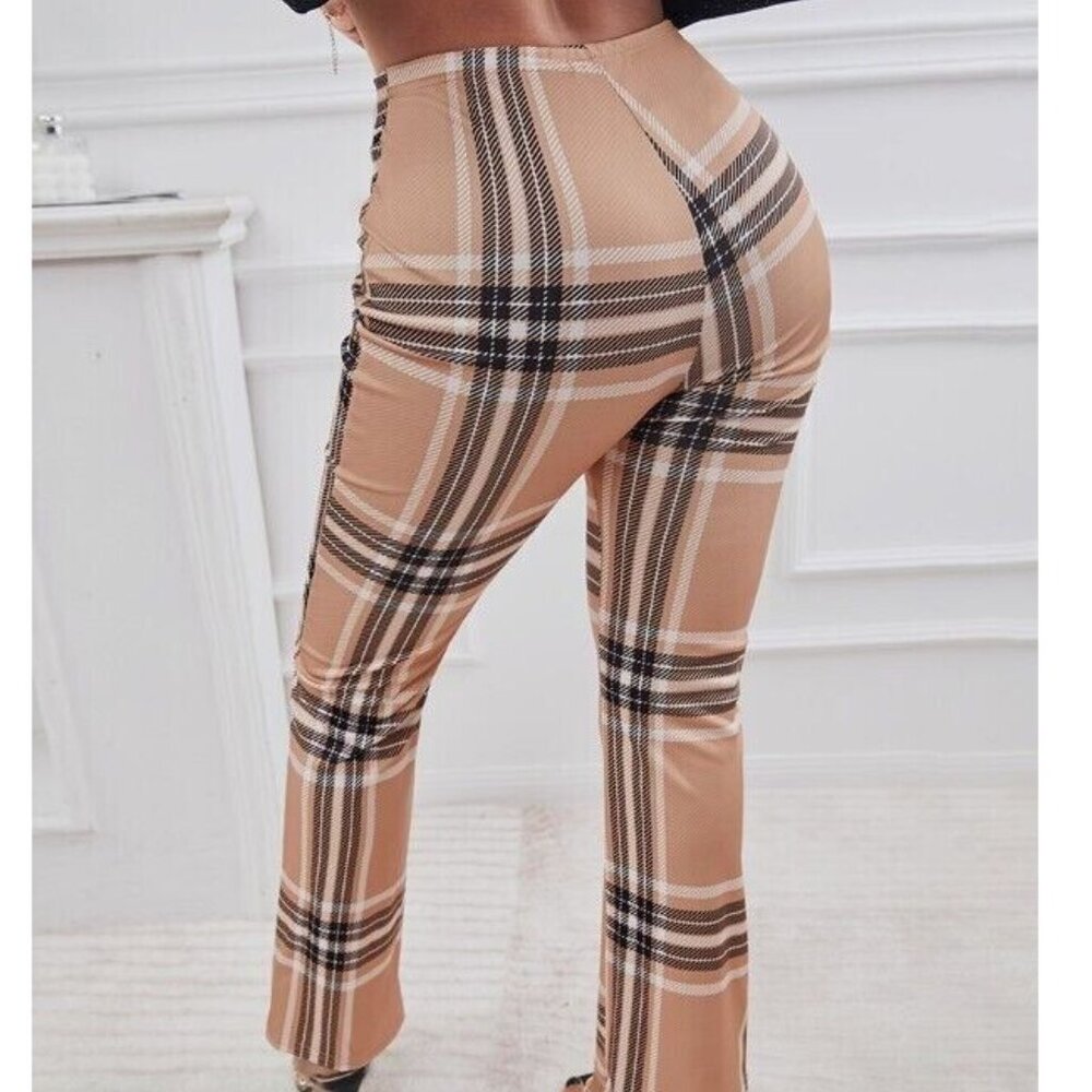 Women Dress Pants Size S Brown Striped Print High Waist Leg Straigth Stretch - Picture 4 of 16